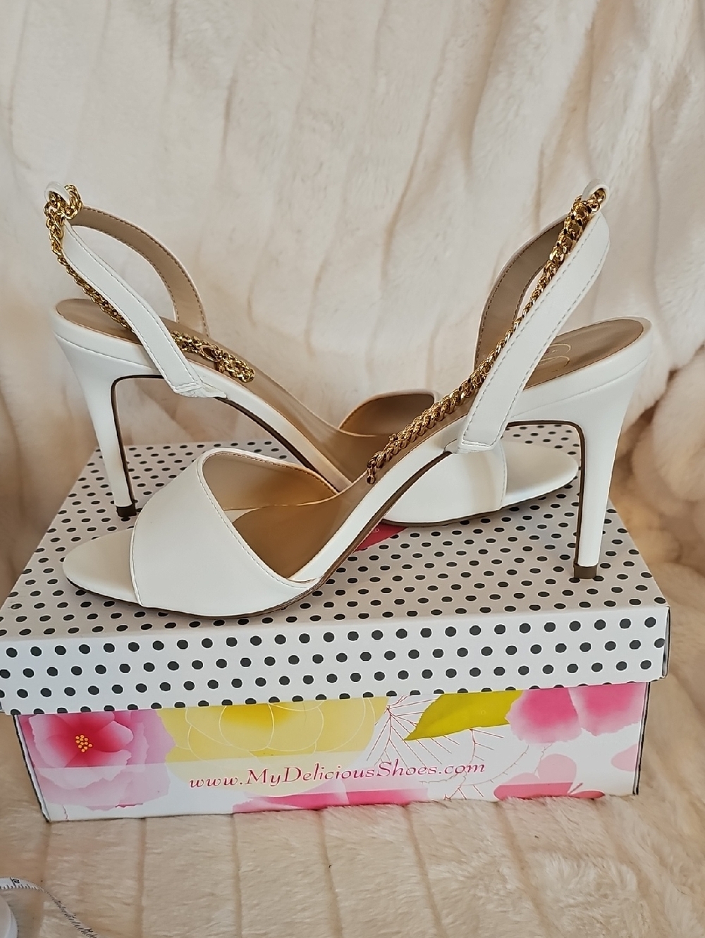 Delicious White Slingback Heels with Gold Chain Accent